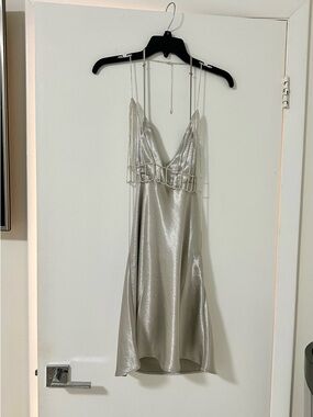 Guess Silver Metallic satin Dress with Chain Straps .